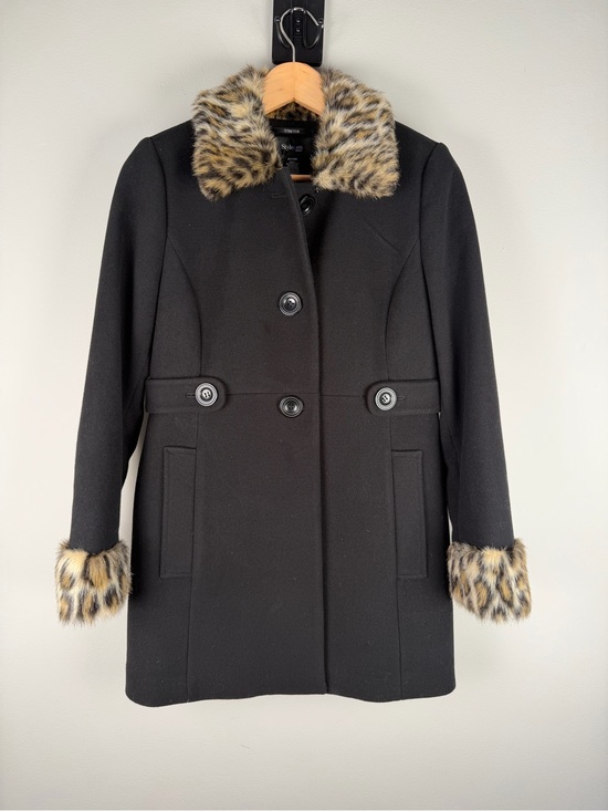 Style & Co. Jackets & Blazers - Style &Co Petite Small Pea Coat with Leopard-Print Faux Fur Trim Y2K Mobwife